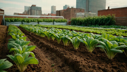 An urban garden, with lush bok choy rows against a city skyline, epitomizes the fusion of urban farming and sustainability, blending greenery with city life. - obrazy, fototapety, plakaty