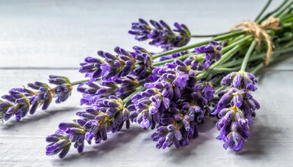 several fresh beautiful lavender flowers on a white