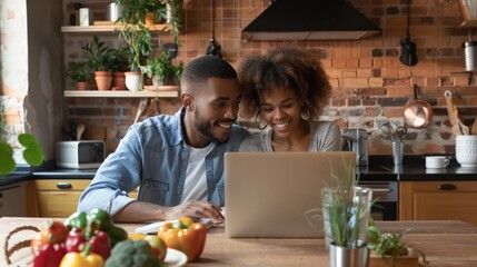 Pleasant family couple sitting at big wooden table in modern kitchen, looking at laptop screen. Happy young mixed race married spouse web surfing, making purchases online or booking flight tickets.