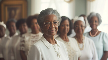 An elderly black woman stands at the front of the group. Society for Old Women in Christian Center