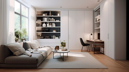 Fototapeta na wymiar A bright, airy living space, dominated by a large window, features a comfortable sofa and clean lines, showcasing a modern aesthetic that breathes life and light.