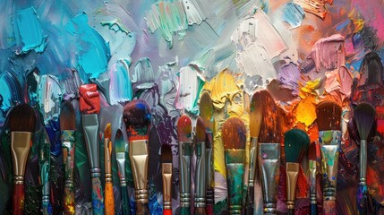 Row of artist paintbrushes closeup on artistic canvas.