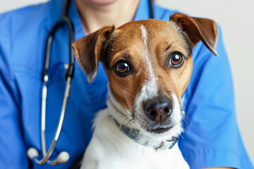Veterinarian in blue clothes with a dog