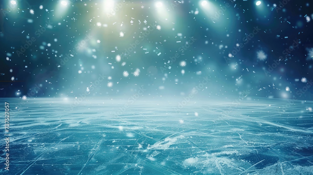 Poster snow and ice background. empty ice rink illuminated
