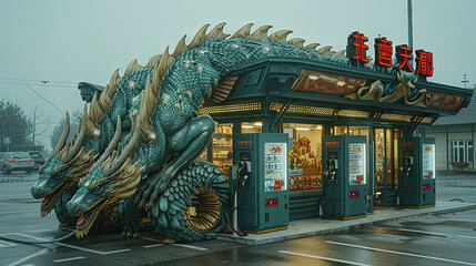 Exterior of chinese dragon at the entrance to car electric station and restaurant shop. - obrazy, fototapety, plakaty