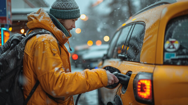 Man with a backpack in a yellow jacket and gray knitted hat is pushing electic pistol EV on electric car on a snowy day.