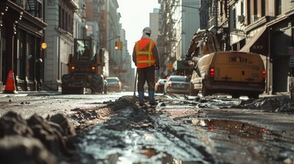 Worker in reflective vest with drill repairing street during roadworks - obrazy, fototapety, plakaty