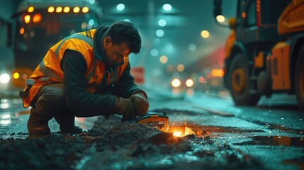 Worker in reflective vest with drill repairing street during roadworks - obrazy, fototapety, plakaty