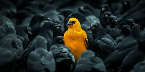 Poster A yellow crow alone among a crowd of black crows, concept of standing out from the crowd as a leader, of being different and unique with its own identity and special skills among the others © mozZz