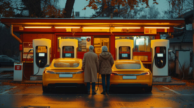 Back view of senior couple standing at EV station in cold winter evening, and charging their electric cars.