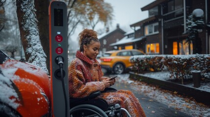 Young african american woman in a wheelchair with a smartphone on the street in winter charging her electro car.