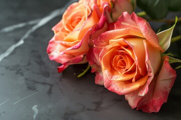 Condolence and sorrow depicted with a bouquet of roses on black marble backdrop