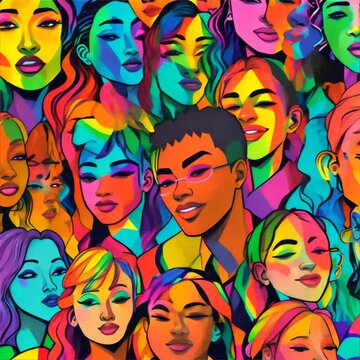 Pop art looping video of beautiful crowd of young diverse people marching together Pride march theme rainbow coloration positive emotion solidarity