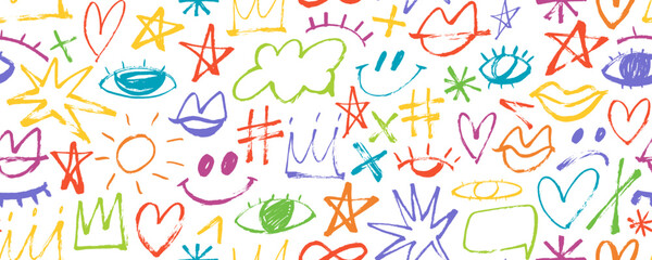 Colorful seamless banner design with brush drawn doodle style elements like crowns, hearts, stars and eyes.