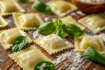 Closeup of delicious uncooked ravioli on wooden surface with flour and basil Traditional Italian preparation