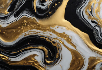 Abstract marble background or texture Golden waves on black Acrylic Fluid Art of Black Gold and...