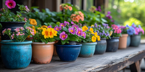 Fototapeta na wymiar Colorful garden flowers in the pots on wooden table. Gardening background mockup concept.