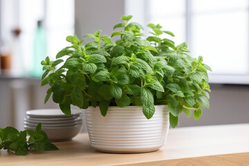 Fototapeta premium Fresh mint in a white pot in the kitchen. Generated by artificial intelligence