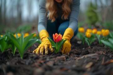 Closeup of gardeners female hands wearing yellow rubber gloves, planting young tulips flowers...