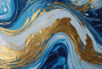 Acrylic Fluid Art Blue colors waves in abstract ocean of blue paint and golden swirls Marble effect