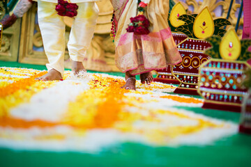 Fototapeta premium the Indian Yajna ritual. Indian Vedic fire ceremony called Pooja. A ritual rite, for many religious and cultural holidays and events in the Indian tradition. Hindu wedding vivah Yagya