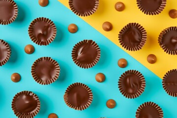 Delicious chocolate peanut butter cups on colored backdrop