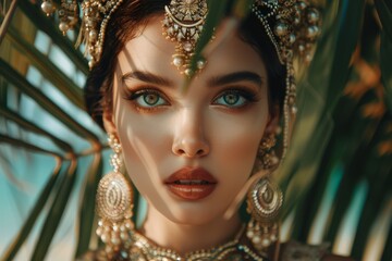 Ethnic Indian bridal model wearing traditional makeup and heavy jewelry - obrazy, fototapety, plakaty