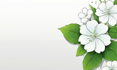 White flowers with green leaves on a white background with space for text_5