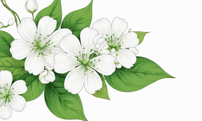 White flowers with green leaves on a white background with space for text_5