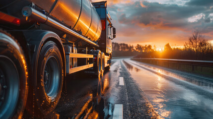 A fuel tanker truck on a wet highway gleaming at sunset, capturing the essence of long-haul transportation.