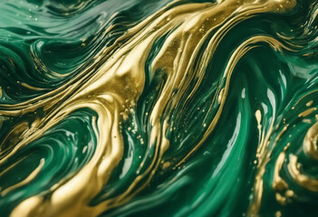 Acrylic Fluid Art Dark green waves in abstract ocean and golden foamy waves Marble effect...