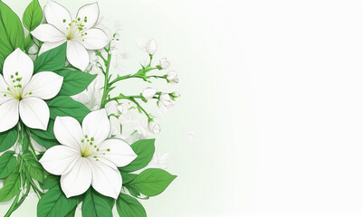 White flowers with green leaves on a white background with space for text_4