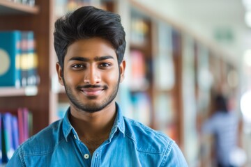 Fototapeta premium Close up photo of a smiling Indian male student dressed in a blue shirt standing in an office or campus library