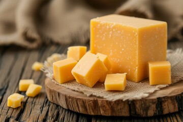 Focused cheddar cheese on rustic wood background