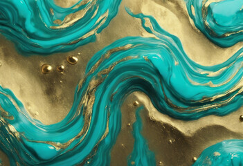 Acrylic Fluid Art Turquoise waves and gold inclusion Abstract stone background or texture