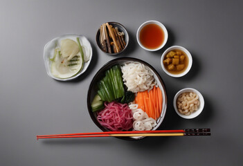 Assorted korean pickled food and pair of chopsticks on gray background - Powered by Adobe