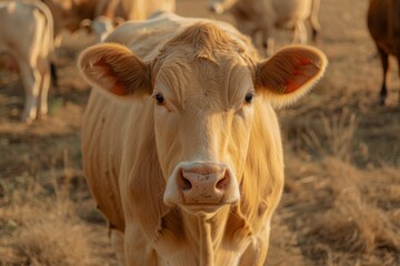 Close up portrait of a cow on a farm surrounded by agricultural land