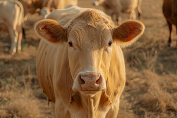 Obraz premium Close up portrait of a cow on a farm surrounded by agricultural land