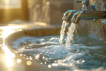 Detail shot of kitchen sink with white marble counter and dark cabinets facing staged living room with TV