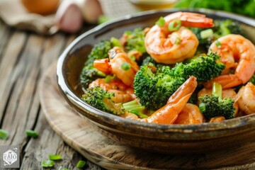 Close up of homemade stir fried broccoli and shrimp in a ceramic dish on a wooden table