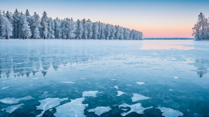A serene frozen lake at twilight, with frosty trees and a clear icy surface reflecting the soft hues of a pastel sky, capturing the silent, ethereal beauty of a winter landscape.