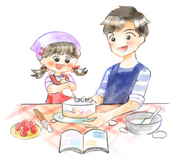 親子でお菓子作りをしているイラスト