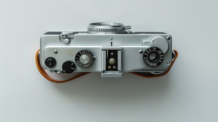 An old camera displayed from a top-down perspective in a flat lay style