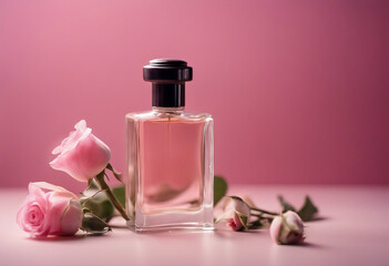 Bottle of perfume and flower arrangement of rosebuds on pink background - obrazy, fototapety, plakaty