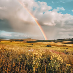 Obraz premium Spectacular Rainbow Over Rolling Countryside Fields