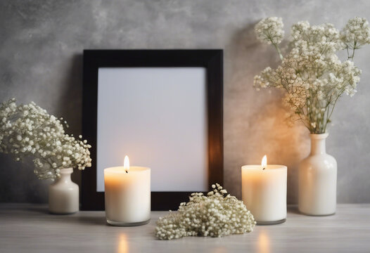 Candles gypsophila flowers and black photo frame on table with wall background Front view mockup Aromatherapy salon decoration