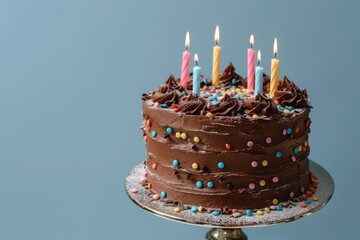 Delicious chocolate cake with candles against a blue backdrop