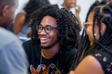 Black college students laughing and conversing in a stock photo