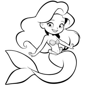 Beautiful cartoon mermaid black and white illustration for kids coloring book