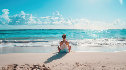 A serene individual meditating on a sun-drenched beach with the tranquil ocean horizon in view.